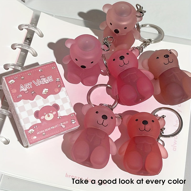 Cute Bear Velvet Lip Clay Matte Lip Glaze, Silky Low Saturation Lip Color With Keychain For Easy Carrying - KYAAN