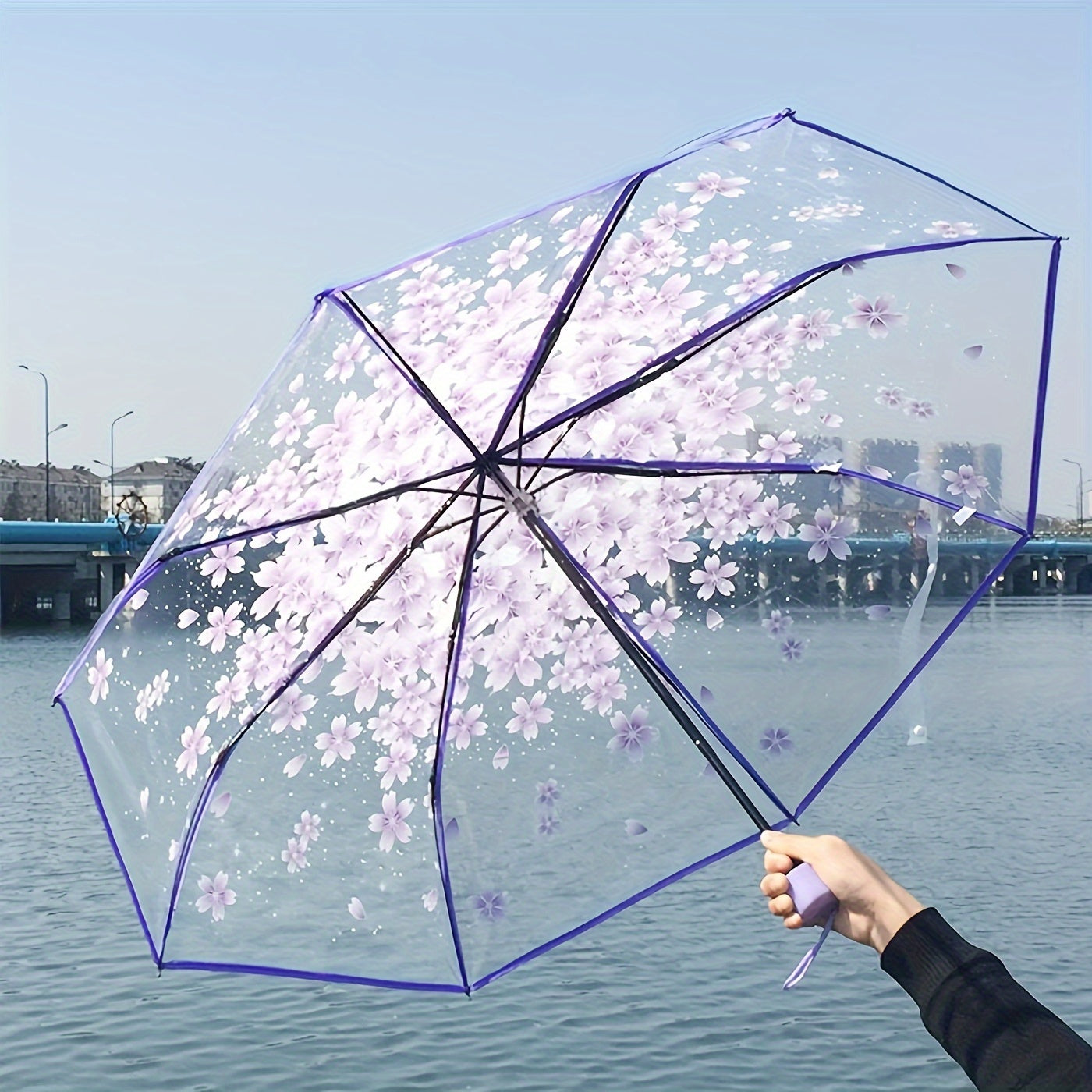 Transparent Cherry Blossom Pattern Folding Umbrella, 8 Ribs Casual Lightweight Portable Rain Gears For Men's & Women's Outdoor Activities - KYAAN