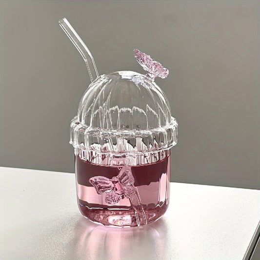 Festive 14oz Butterfly Glass Cup with Glass Lid and Straw - Perfect for Cold Drinks, Cocktails, and Milkshakes - Striped Design, Free of Lead, and Reusable - Suitable for Christmas, Valentine's Day, Mother's Day, Graduation, Oktoberfest, and More - KYAAN