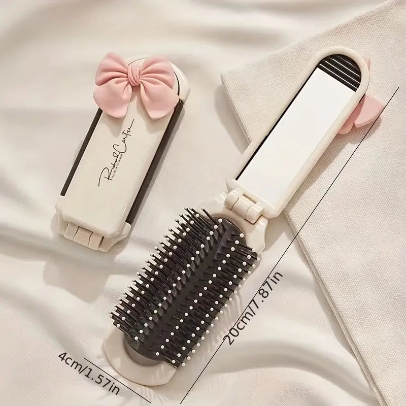 1pc Folding Hair Comb, Airbag Hair Brush With Mirror, Scalp Massage Brush, Lovely Bowknot Decoration Comb, Cute Cartoon Sheep Decorative Comb Portable Hair Styling Tool - KYAAN