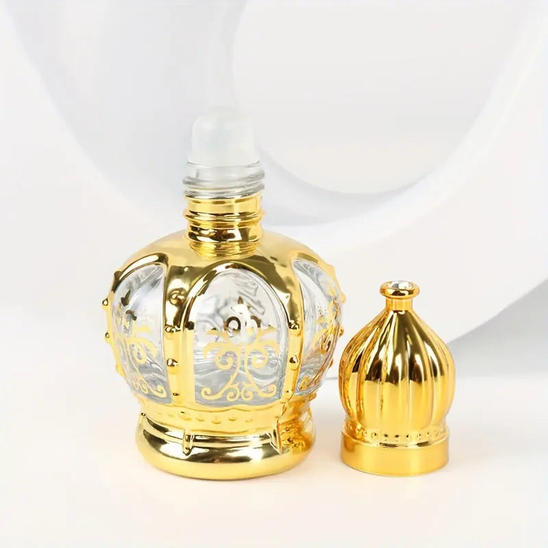 Arabic Style 0.51oz Golden Crown Glass Roll On Bottles Mini Empty Essential Oil Roller Bottles With Lid - Perfect Travel Bottles For Sample Cosmetics, Perfume, And Fragrance - KYAAN