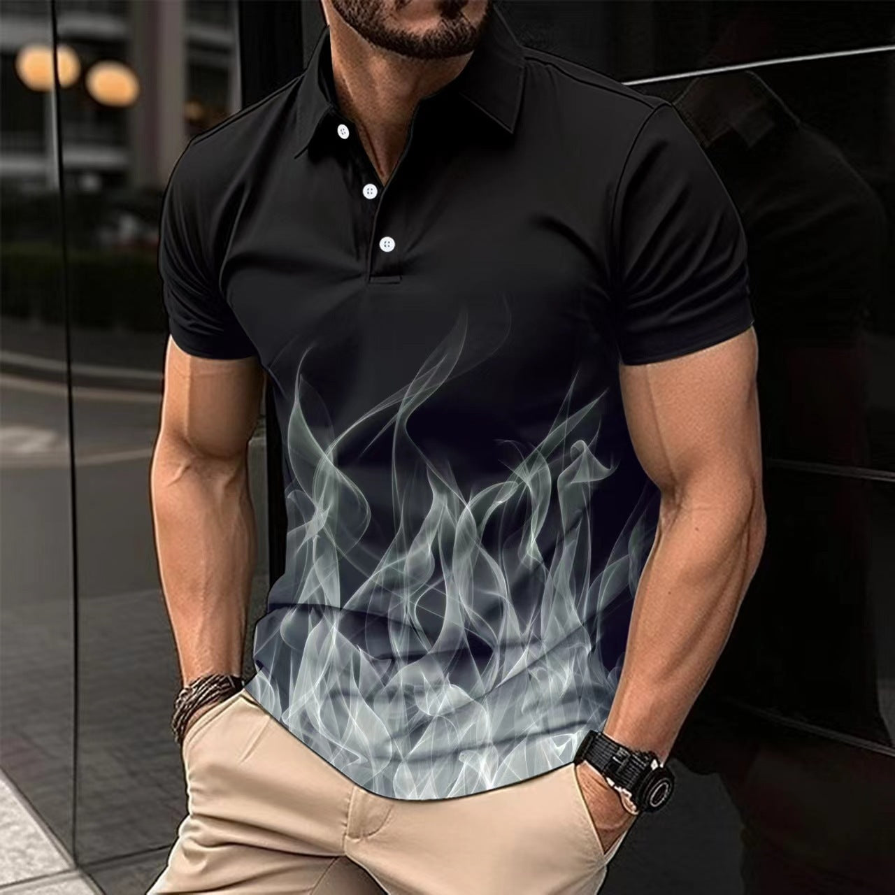 Button Flame Gradient Color Short Sleeve - KYAAN