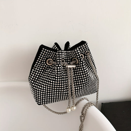 Rhinestone Evening Bag, Chain Drawstring Crossbody Bag, Women's Glitter Prom Purse For Wedding Party - Perfect for Carnival Mardi Gras Music Festival - KYAAN