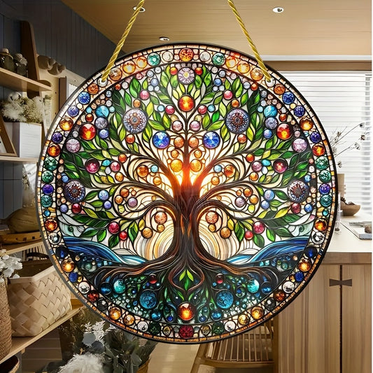 Tree of Life Colorful Glass Wall Art - 8" Diameter, Pre-Drilled for Easy Hanging, Smooth Finish, Perfect for Indoor & Outdoor Decor, Ideal Gift for Birthdays & New Homes - KYAAN