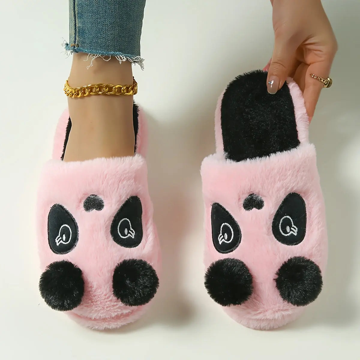 Cute Panda Design Slippers, Casual Slip On Plush Lined Shoes, Comfortable Indoor Home Slippers - KYAAN