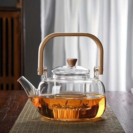 32.12oz Tea Water Separation Glass Teapot With Bamboo Handle, Heat Resistant Borosilicate Glass Tea Kettle With Tea Strainer, Clear Glass Teapot - KYAAN