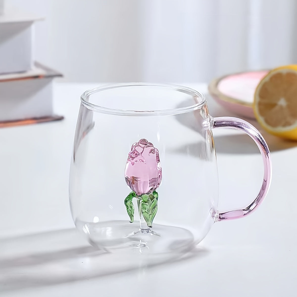 Rose Flower Glass Cup with Handle - Heat-Resistant, Reusable for Juice, Milk, Tea & More - Perfect for All Seasons - KYAAN