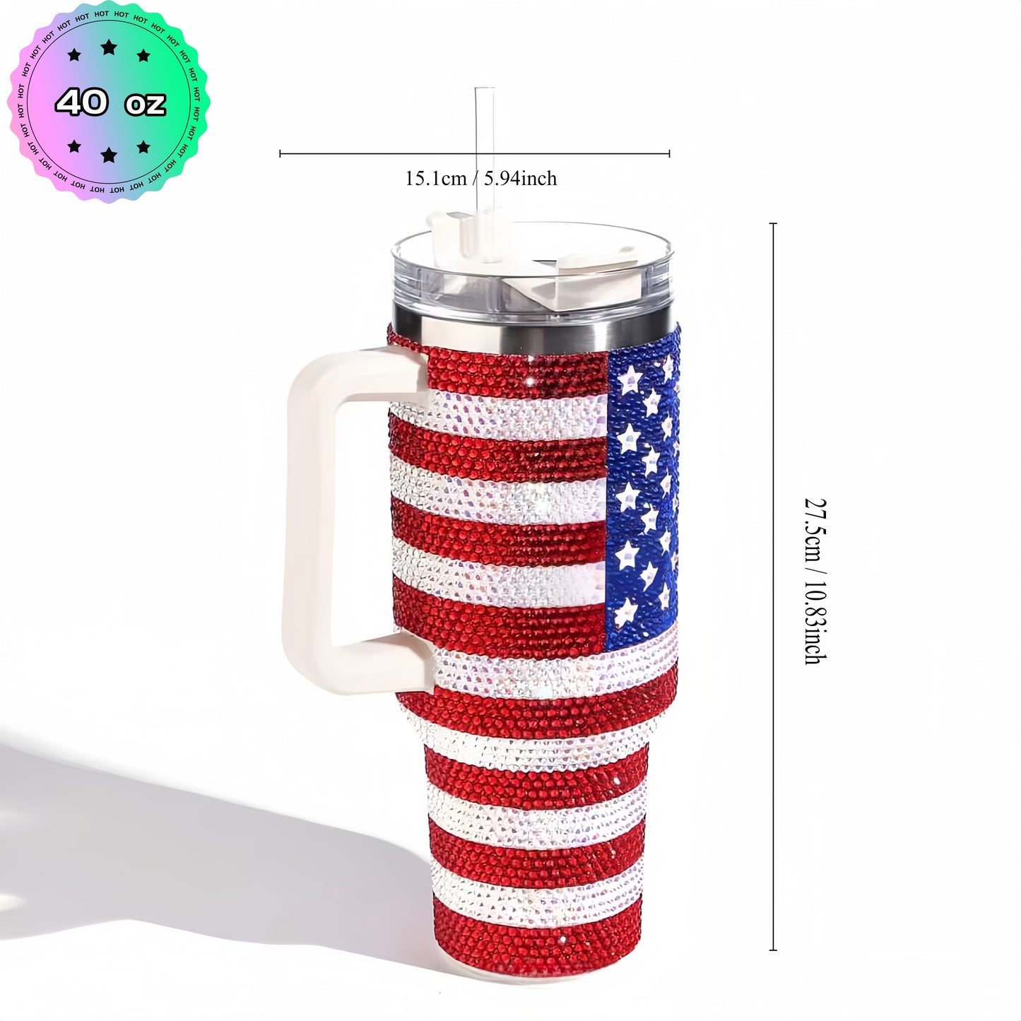 40 oz Rhinestone Stainless Steel Tumbler with Lid and Straw - Multipurpose Insulated Travel Mug for Hot and Cold Drinks - Durable Diamond Flag Series, Hand Wash Only, Reusable, No Electricity Needed - KYAAN