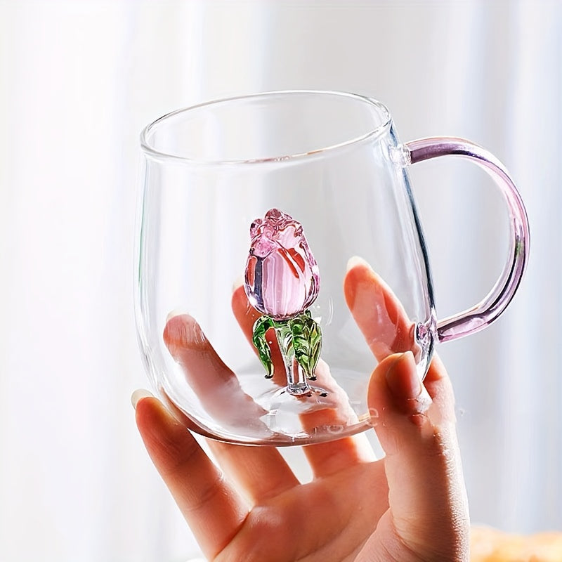 Rose Flower Glass Cup with Handle - Heat-Resistant, Reusable for Juice, Milk, Tea & More - Perfect for All Seasons - KYAAN