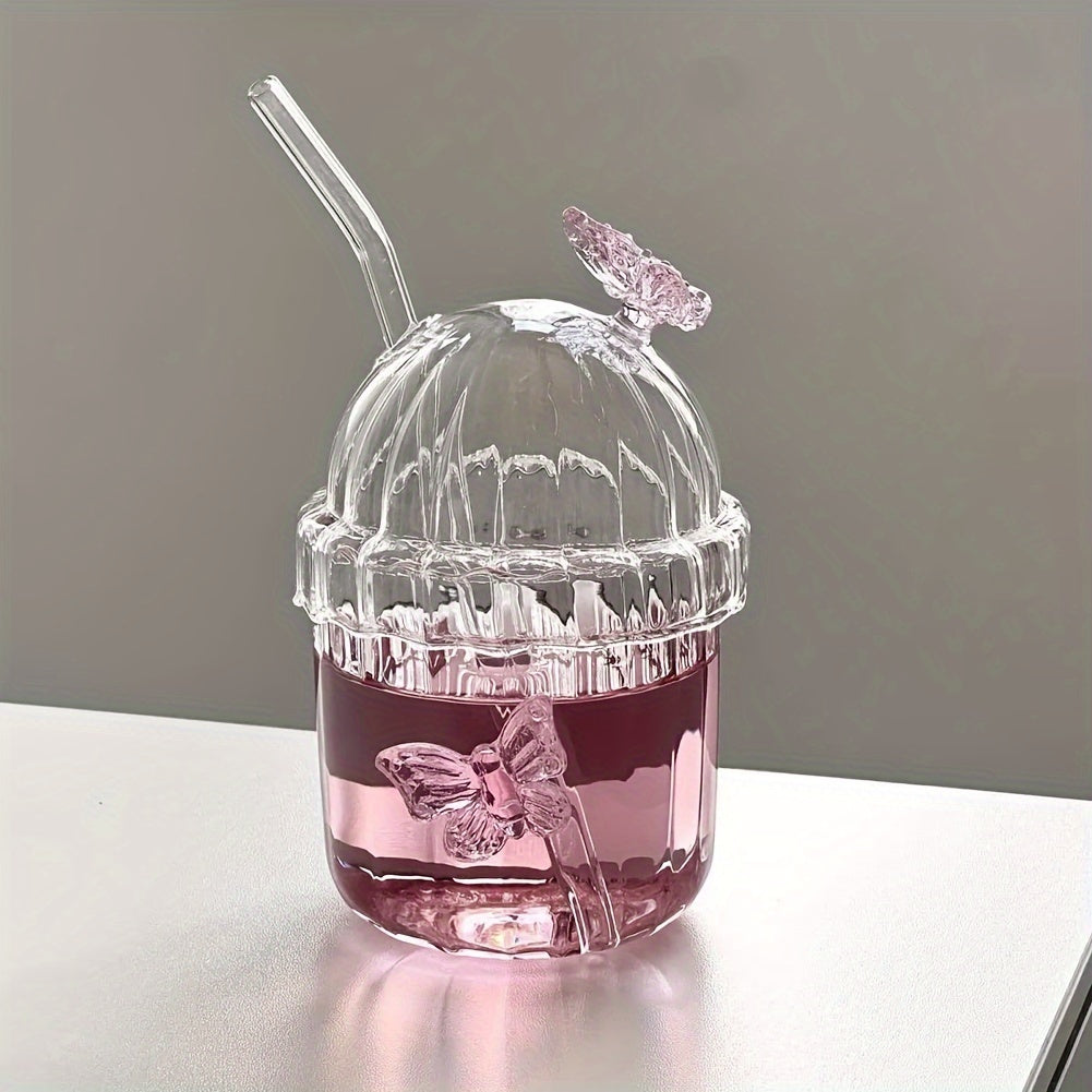 Chic Pink Butterfly Glass Cup Set with Lid & Straw - 14oz Reusable Drinking Glass for Iced Coffee, Juice, Milk, Cocktails - Sustainable, Handwash Only - KYAAN