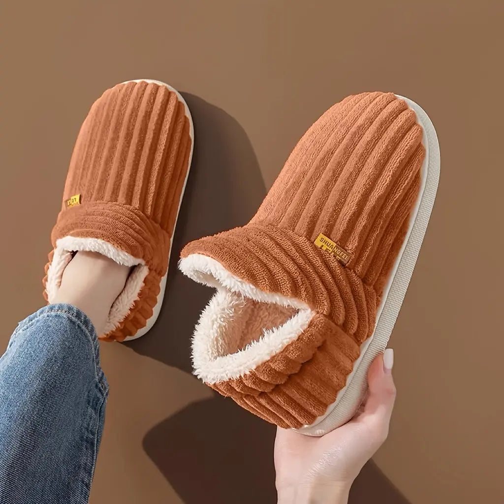 Solid Color Winter Fuzzy Slippers, Super Soft Slip On Flat House Shoes, Cozy & Warm Home Slippers - KYAAN