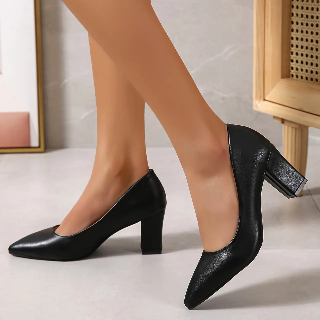 Women's Solid Color Block Heels, Elegant Point Toe Dress Pumps, Fashion Slip On Heels - KYAAN