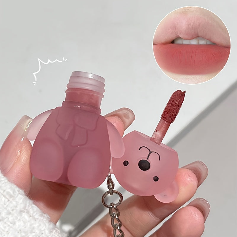 Cute Bear Velvet Lip Clay Matte Lip Glaze, Silky Low Saturation Lip Color With Keychain For Easy Carrying - KYAAN