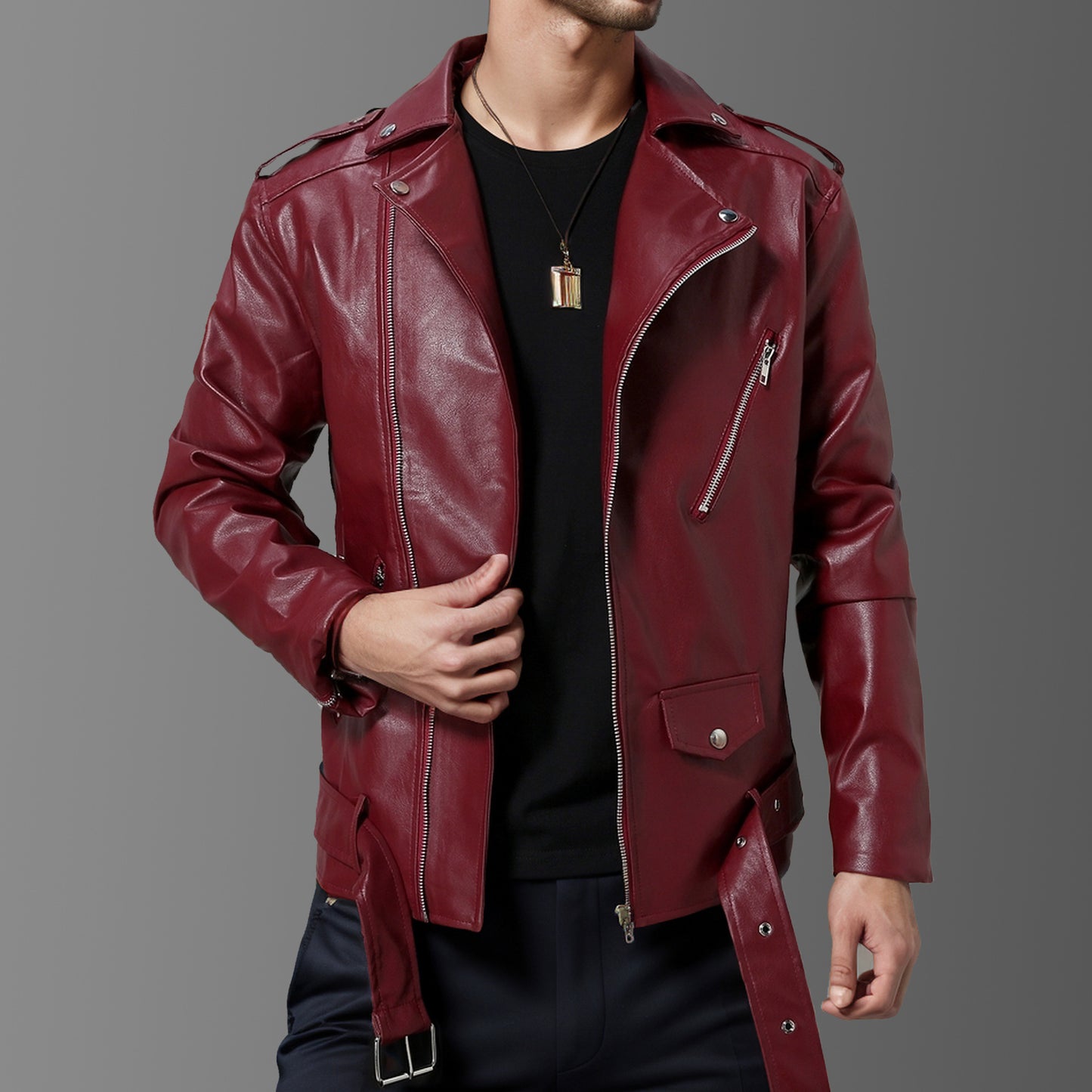 Slim-fit Lapel Leather Jacket - KYAAN