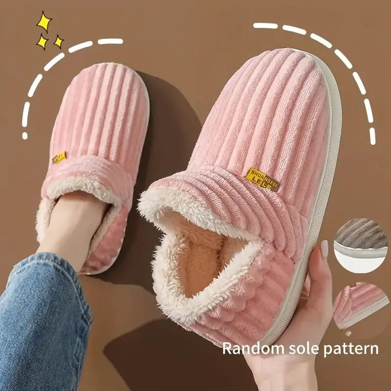 Solid Color Winter Fuzzy Slippers, Super Soft Slip On Flat House Shoes, Cozy & Warm Home Slippers - KYAAN