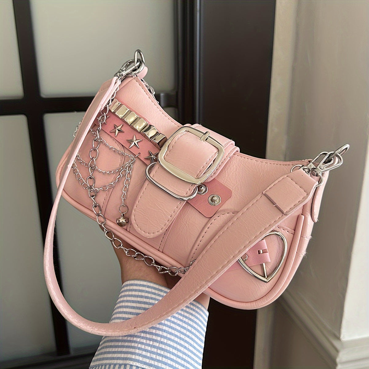 Women's Fashion Crossbody Bag Solid Color PU Leather with Applique, Water-Resistant, Removable Strap, Zipper Closure, Polyester Lined, Edge Paint Detail, Y2K Style Chain Shoulder Bag - KYAAN