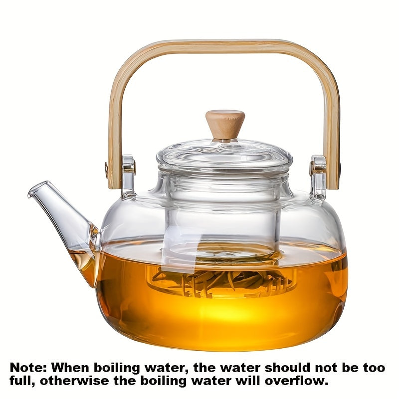 32.12oz Tea Water Separation Glass Teapot With Bamboo Handle, Heat Resistant Borosilicate Glass Tea Kettle With Tea Strainer, Clear Glass Teapot - KYAAN