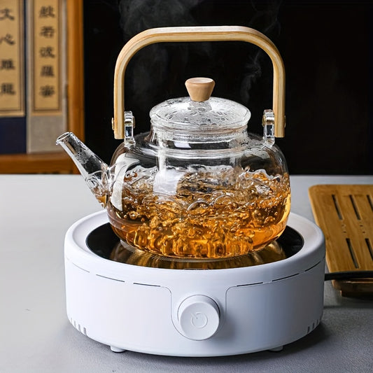 32.12oz Tea Water Separation Glass Teapot With Bamboo Handle, Heat Resistant Borosilicate Glass Tea Kettle With Tea Strainer, Clear Glass Teapot - KYAAN