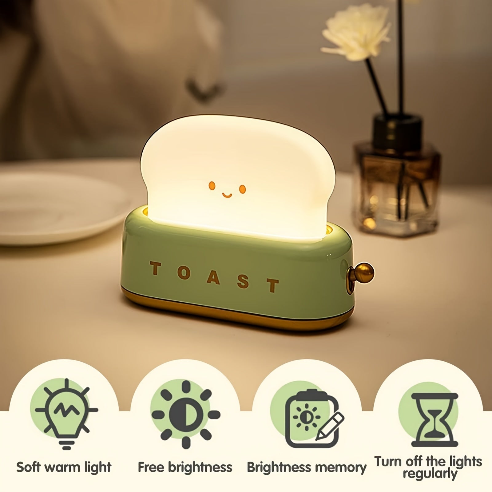 3000K USB Rechargeable Cute Toaster Shape LED Table Lamp, Heartwarming Decorative Table Lamp Toast Bread LED Night Light Creative Design Bread Night Light Suitable for Family use Perfect Birthday Christmas Gift(Green/Orange/Pink) - KYAAN