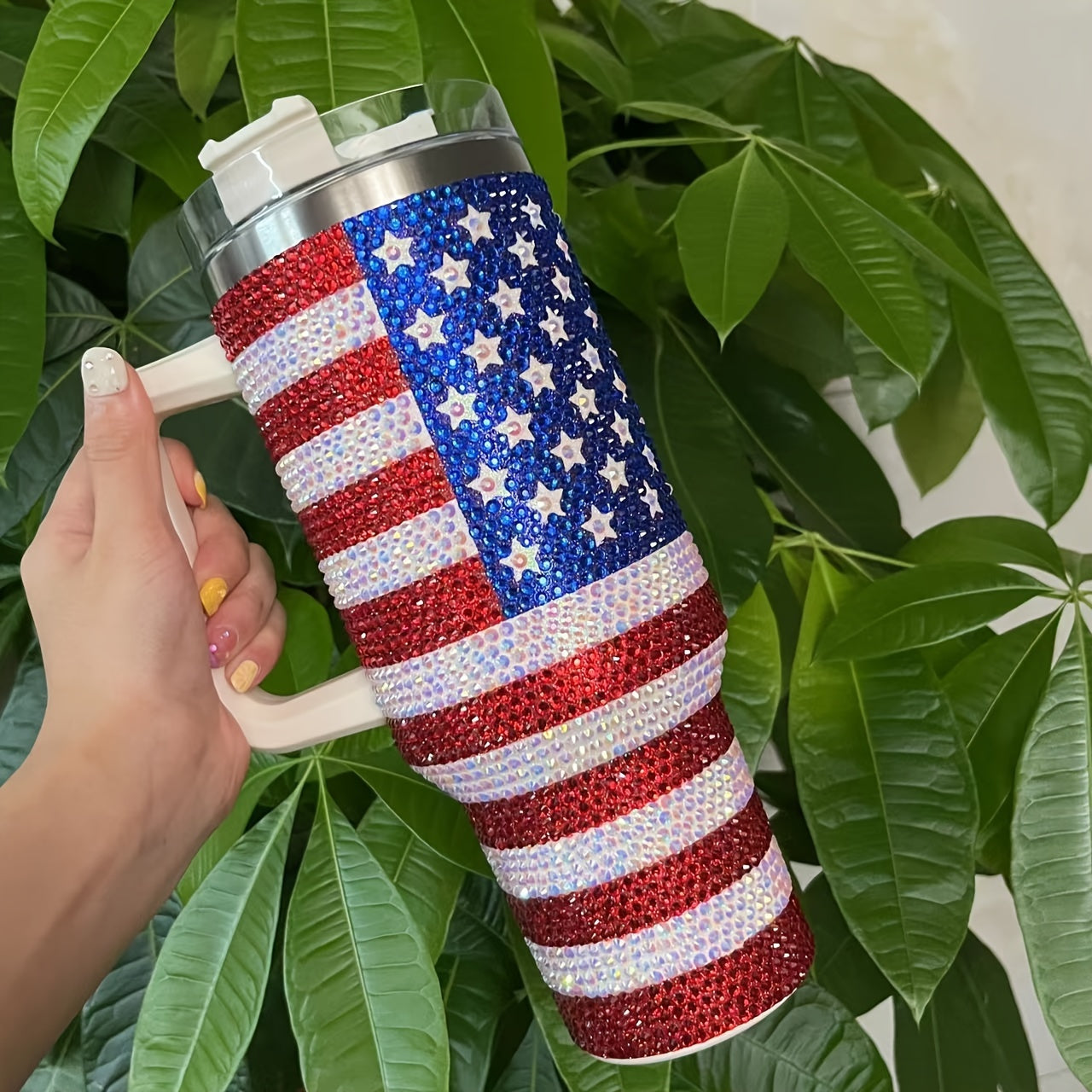 40 oz Rhinestone Stainless Steel Tumbler with Lid and Straw - Multipurpose Insulated Travel Mug for Hot and Cold Drinks - Durable Diamond Flag Series, Hand Wash Only, Reusable, No Electricity Needed - KYAAN