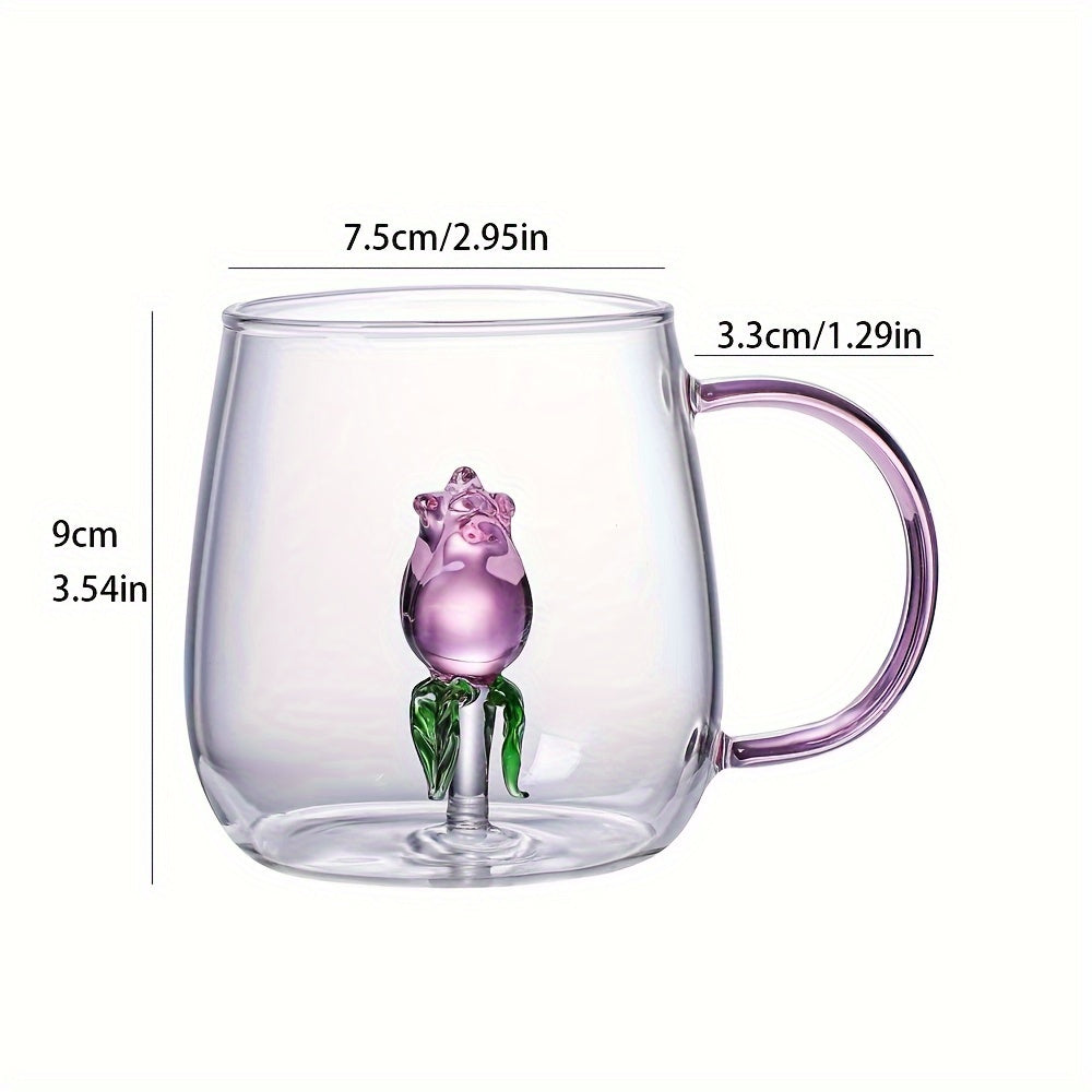 Rose Flower Glass Cup with Handle - Heat-Resistant, Reusable for Juice, Milk, Tea & More - Perfect for All Seasons - KYAAN