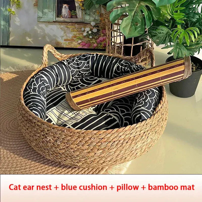 Four Seasons Cat Bed Woven Removable Upholstery Sleeping House Cat Scratch Floor Rattan Washable Cats Pet Products Accessories - KYAAN