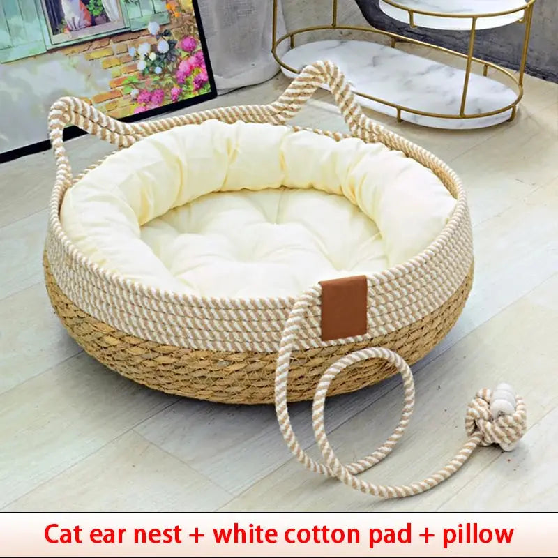 Four Seasons Cat Bed Woven Removable Upholstery Sleeping House Cat Scratch Floor Rattan Washable Cats Pet Products Accessories - KYAAN