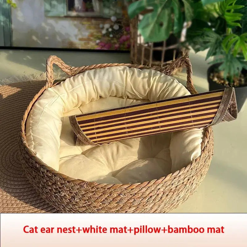 Four Seasons Cat Bed Woven Removable Upholstery Sleeping House Cat Scratch Floor Rattan Washable Cats Pet Products Accessories - KYAAN