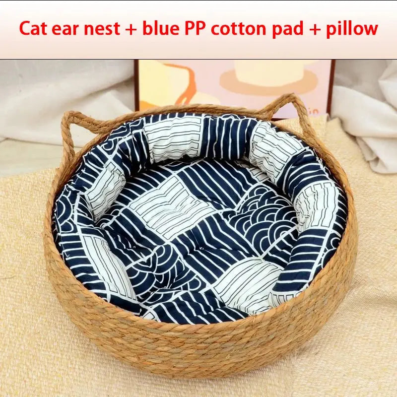 Four Seasons Cat Bed Woven Removable Upholstery Sleeping House Cat Scratch Floor Rattan Washable Cats Pet Products Accessories - KYAAN