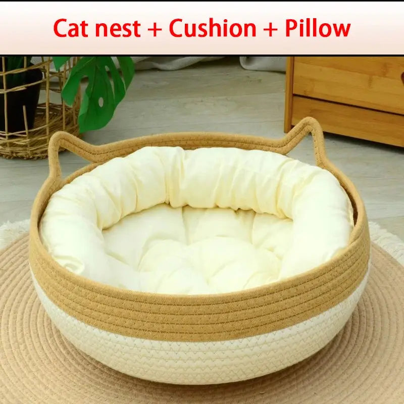 Four Seasons Cat Bed Woven Removable Upholstery Sleeping House Cat Scratch Floor Rattan Washable Cats Pet Products Accessories - KYAAN