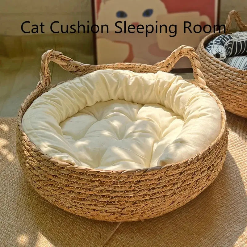 Four Seasons Cat Bed Woven Removable Upholstery Sleeping House Cat Scratch Floor Rattan Washable Cats Pet Products Accessories - KYAAN