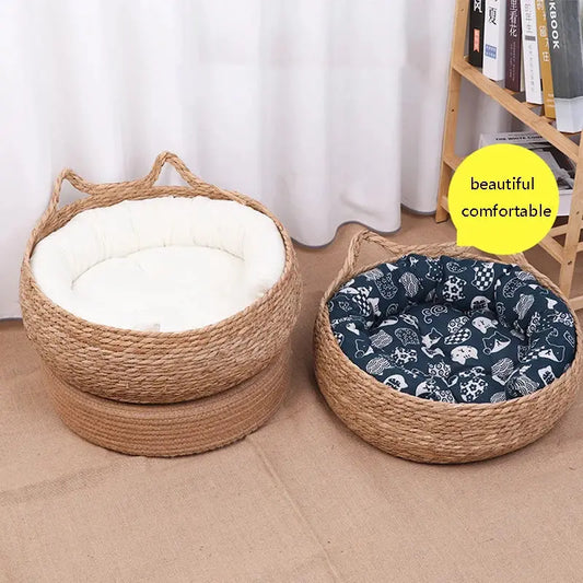 Four Seasons Cat Bed Woven Removable Upholstery Sleeping House Cat Scratch Floor Rattan Washable Cats Pet Products Accessories - KYAAN