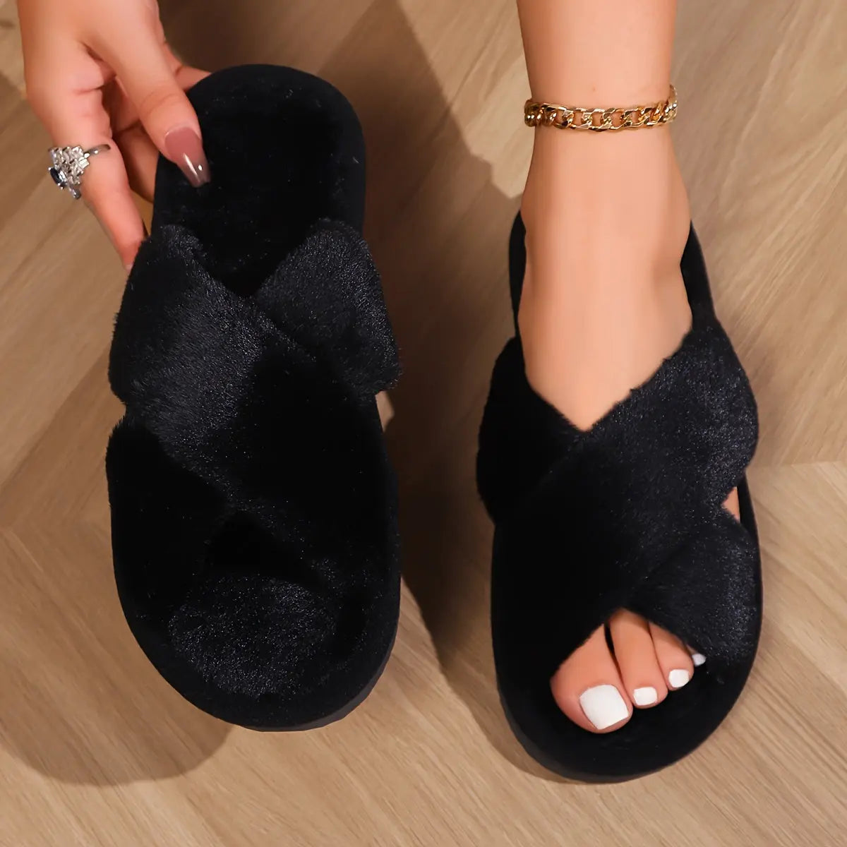 Trendy Plush Slippers, Casual Open Toe Slip On Shoes, Comfortable Indoor Home Slippers - KYAAN