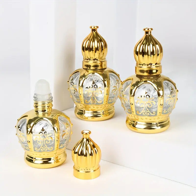 Arabic Style 0.51oz Golden Crown Glass Roll On Bottles Mini Empty Essential Oil Roller Bottles With Lid - Perfect Travel Bottles For Sample Cosmetics, Perfume, And Fragrance - KYAAN