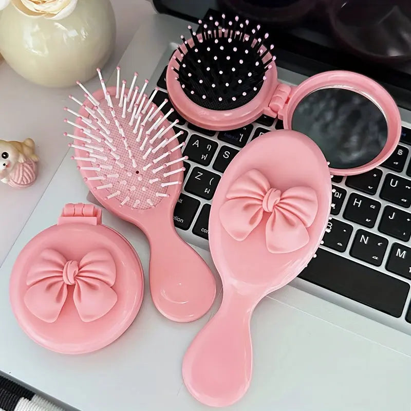 GUYAN Butterfly Bow Hair Brush Set, Air Cushioned Detangling Combs with Mirror, Portable Scalp Massage Hairbrush for Normal Hair, ABS Plastic Bristle & Handle - Compact & Lightweight for On-the-Go Styling - KYAAN