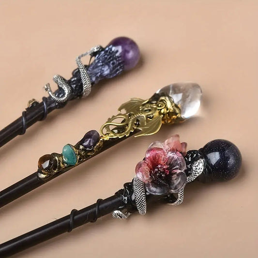 1PC Exquisite Elegant Natural Crystal Wand, Handmade Wooden Magic Scepter Witch Cane, Halloween Christmas Cosplay Costume Props, Bar Club Rave Party Play Decors Photography Props, Stage Performance Accessories - KYAAN