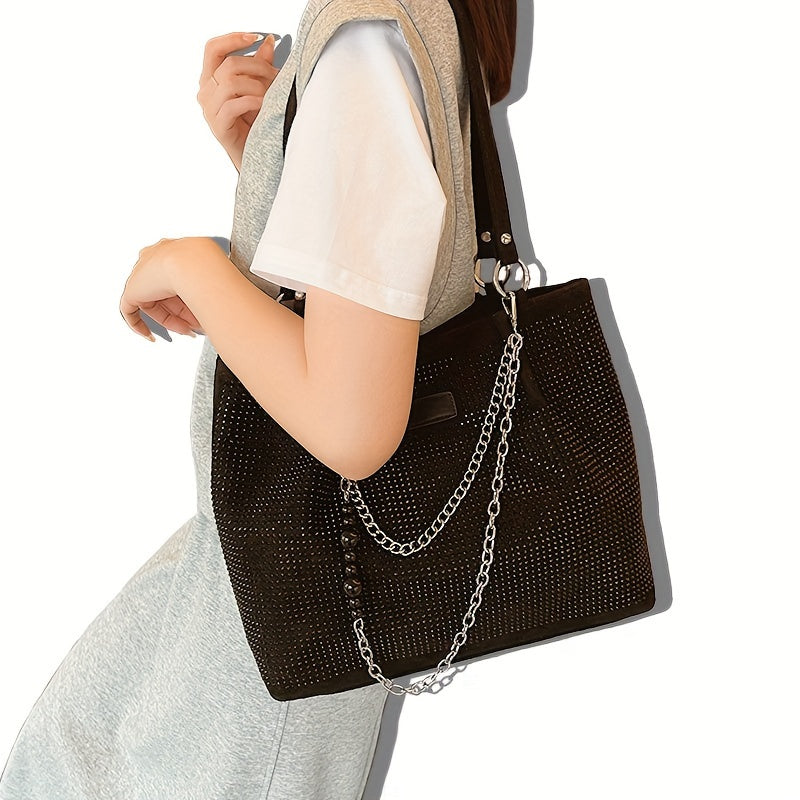 Shiny Rhinestone Shoulder Bag, Trendy Chain Decor Tote Bag, Glitter Bling-Bling Handbag For Women - KYAAN