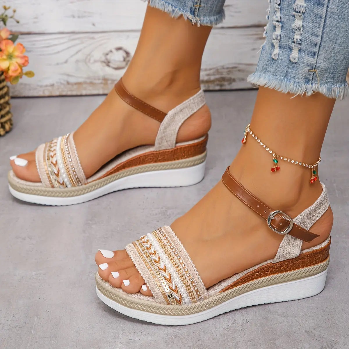 Women's Sequins Decor Wedge Heeled Sandals, Casual Open Toe Platform Shoes, Comfortable Buckle Strap Sandals - KYAAN