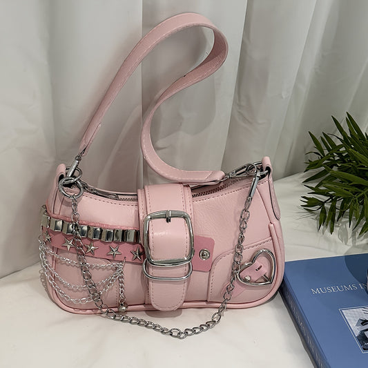 Women's Fashion Crossbody Bag Solid Color PU Leather with Applique, Water-Resistant, Removable Strap, Zipper Closure, Polyester Lined, Edge Paint Detail, Y2K Style Chain Shoulder Bag - KYAAN