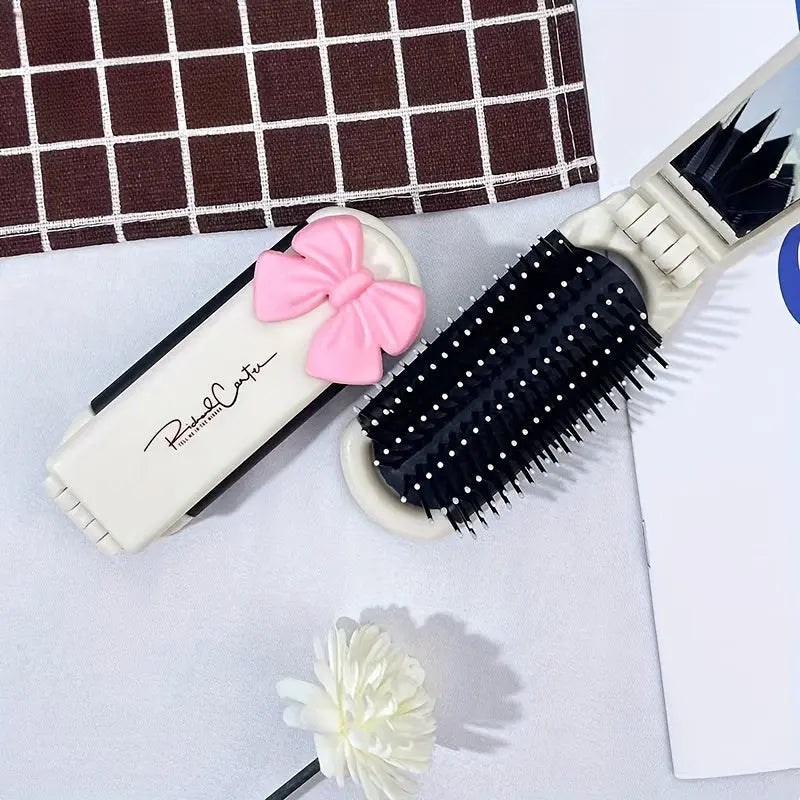 1pc Folding Hair Comb, Airbag Hair Brush With Mirror, Scalp Massage Brush, Lovely Bowknot Decoration Comb, Cute Cartoon Sheep Decorative Comb Portable Hair Styling Tool - KYAAN