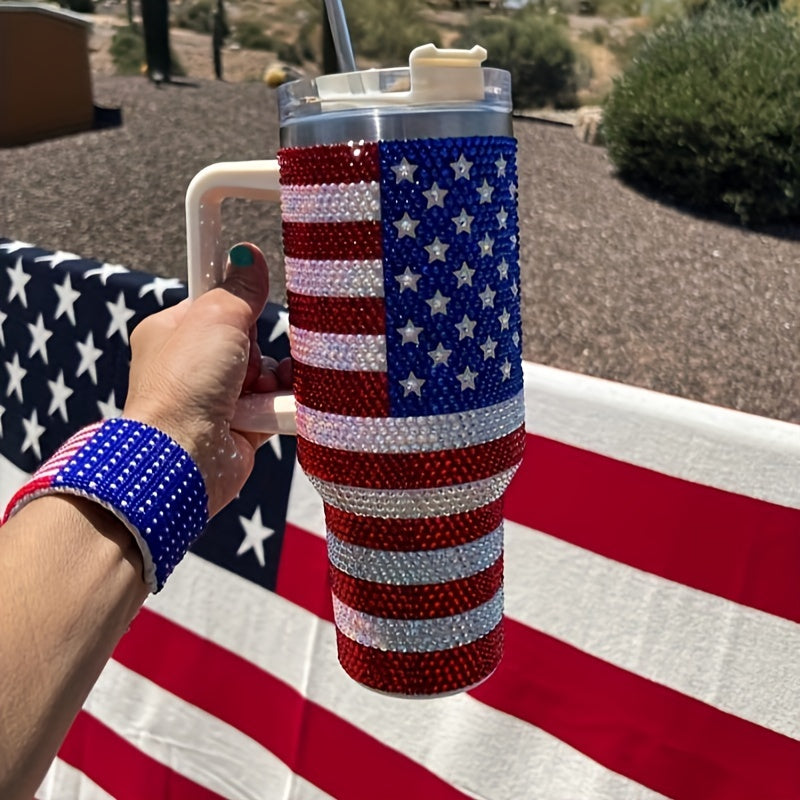 URFOCUSMALL 40OZ American Flag Crystal-Encrusted Travel Mug - 304 Stainless Steel - Outdoor Water Bottle - 14+ Years Old - KYAAN