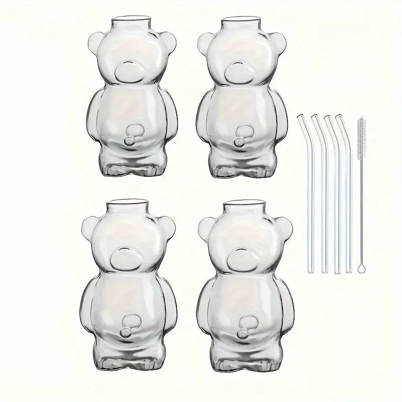 4pcs Of 10.93oz, With 4 Straws And A Brush, Insulated Cute Teddy Bear Glass Cup, Multi-purpose Latte, Juice, Milk, Water, Hand Wash Only, Reusable High Footed Glass Beverage Container - KYAAN