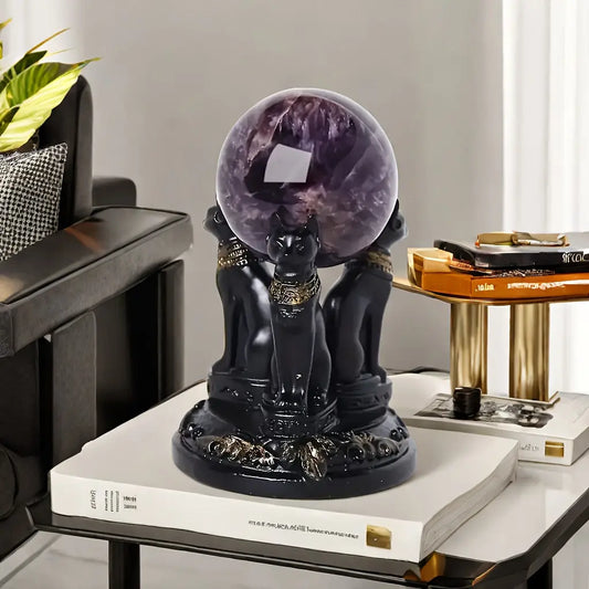 Egyptian Goddess Bastet Cat Statue with Crystal Ball Stand - Collectible Resin Figurine for Living Room, Indoor Use, No Electricity Required, Home Decor Desk Ornament, Gift for Cat Lovers (Ball Not Included) - KYAAN