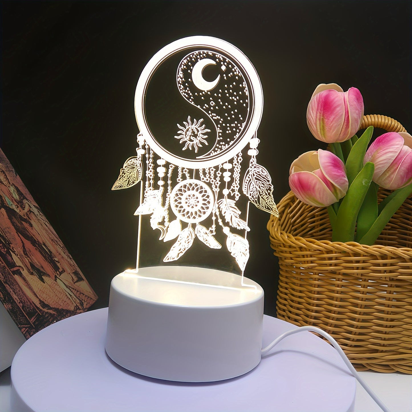 Dreamcatcher 3D Night Light - Warm Monochrome LED with Switch, USB Powered, Perfect Home Decor Gift - KYAAN