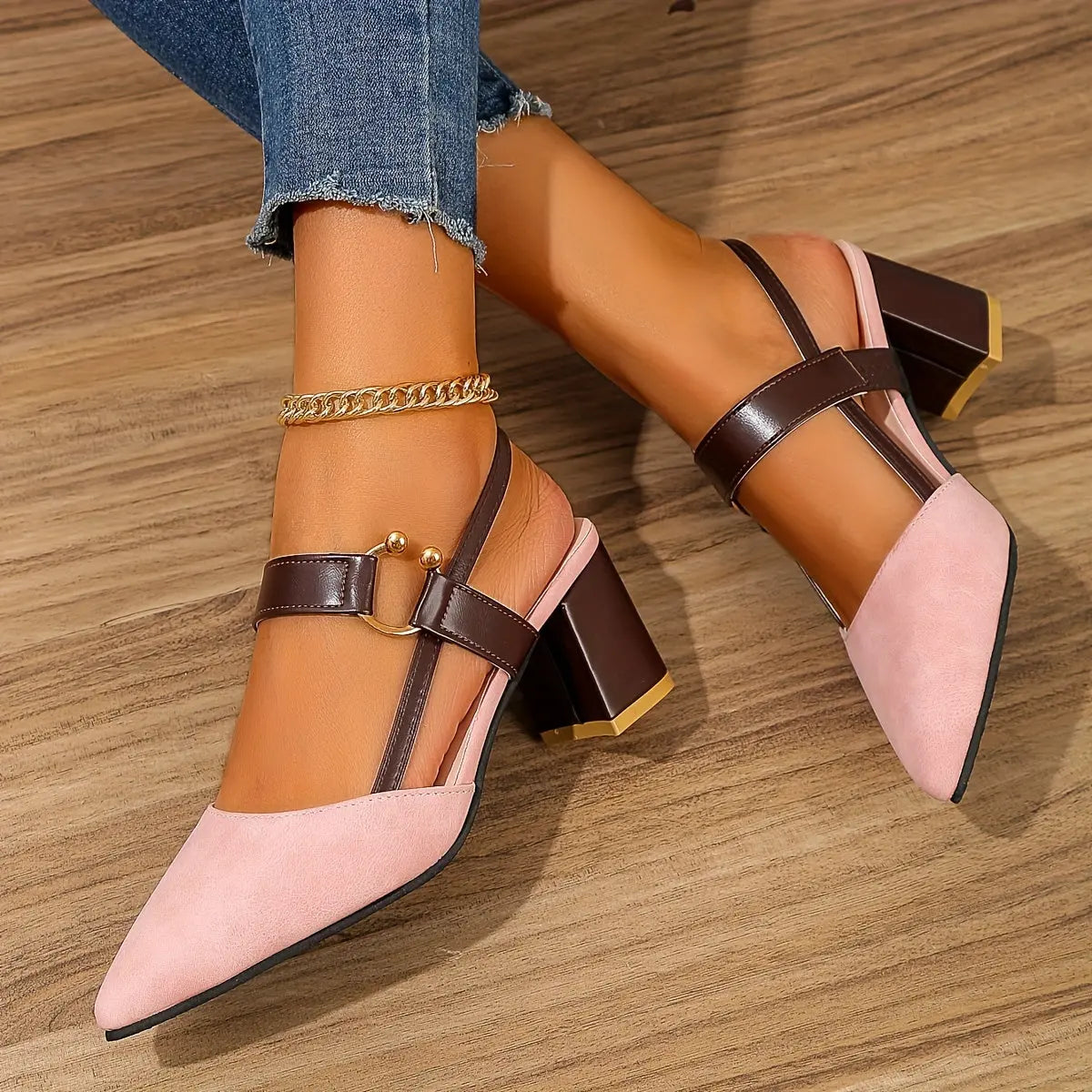 Women's Pointed Toe Block High Heel Sandals, Fashion Solid Color Slingback Shoes, Versatile Mid Heels - KYAAN