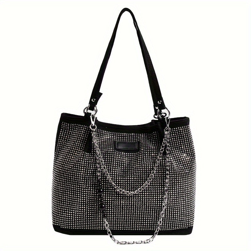 Shiny Rhinestone Shoulder Bag, Trendy Chain Decor Tote Bag, Glitter Bling-Bling Handbag For Women - KYAAN