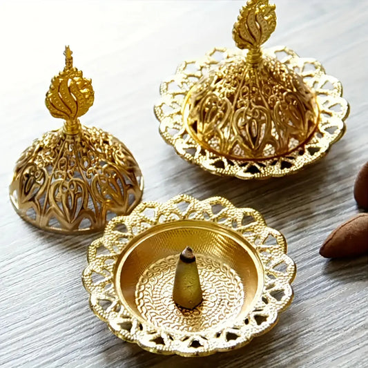 1 Set, Metal Incense Burner, Vintage Arabic Golden Burner Catcher Holder, Incense Backflow Burner Holder Ornaments, Incense Candle Holder Ash Catcher Bowl, Desktop Miniature, Home Decor, Room Decor, Tabletop Decor, Creative Home Aromatherapy Gifts - KYAAN