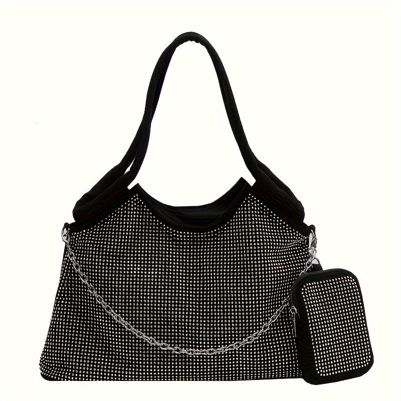 Fashion Rhinestone Tote Bag, Punk Style Chain Decor Shoulder Bag, Women's Shiny Handbag With Mini Coin Purse For Street Wear - KYAAN