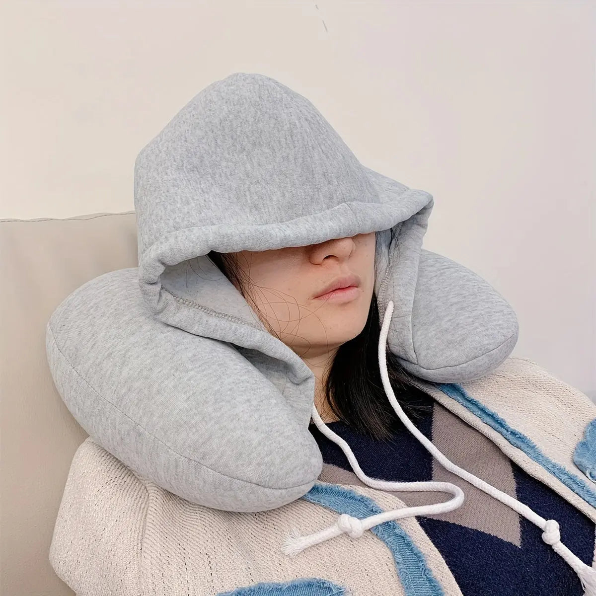 Hooded U-Shaped Travel Pillow, Comfortable Portable Neck Pillow With Sunshade For Car, Office Nap, Lightweight Compact Pillow For Sleeping On-the-go, Adjustable Drawstring Closure - KYAAN