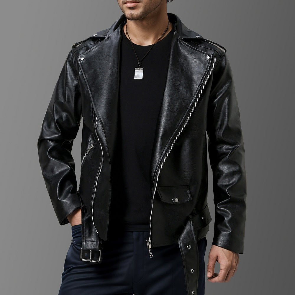 Slim-fit Lapel Leather Jacket - KYAAN